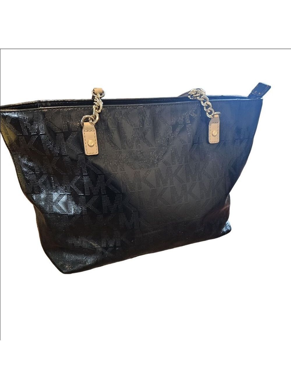 Michael Kors Black Patent Leather Signature Jet Set Gold Chain Tote Bag